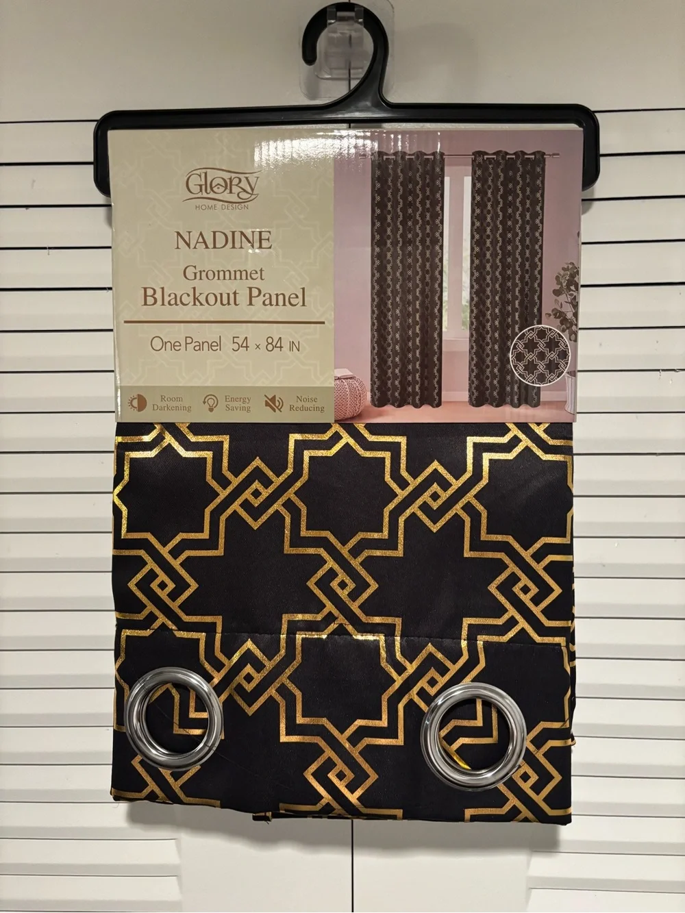 1 pair of GLO jeans Black and Gold Geometric Grommet Blackout Curtain Panel